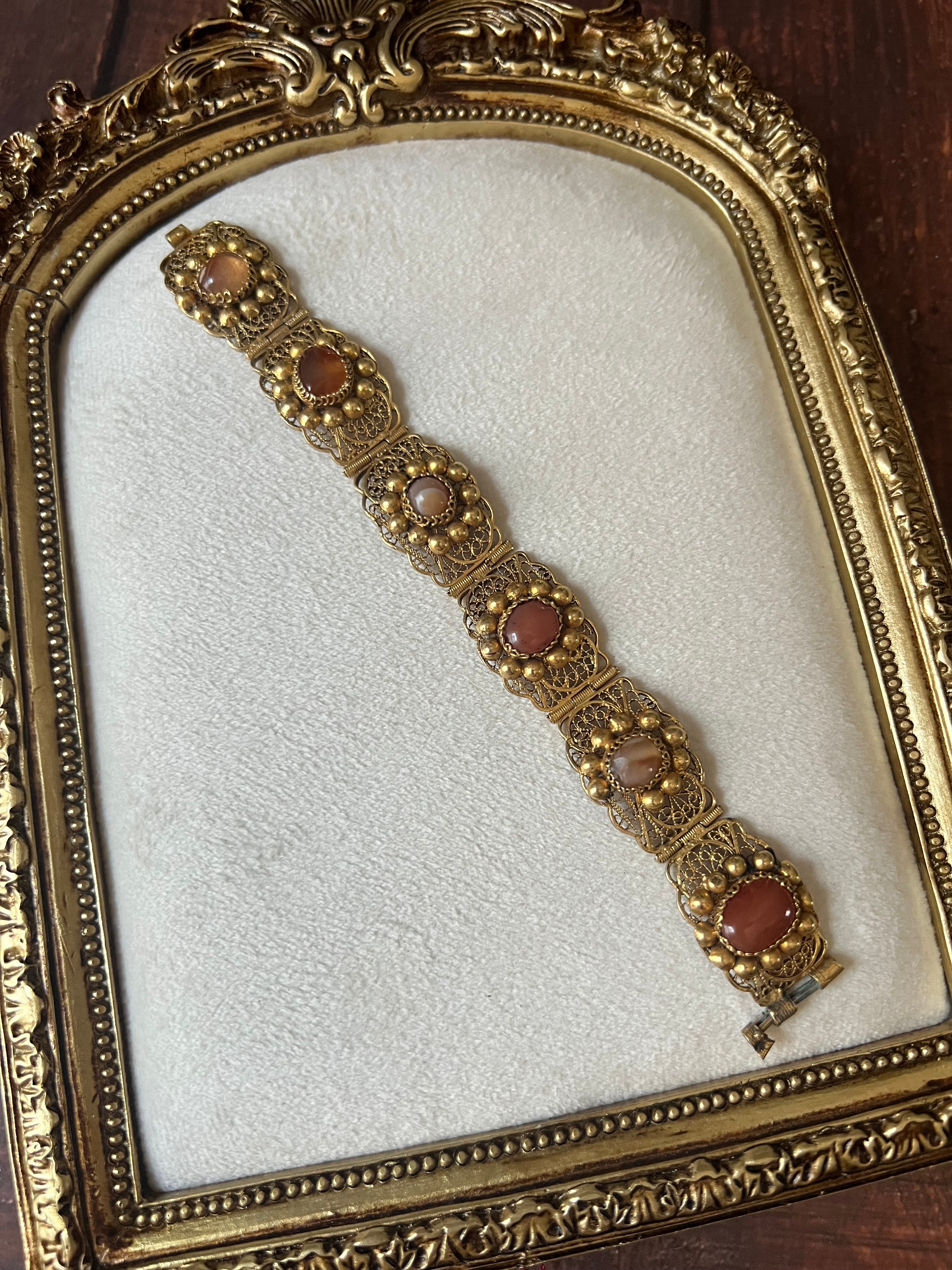 Antique Filigree Bracelet with Carnelian Glass Cabochons