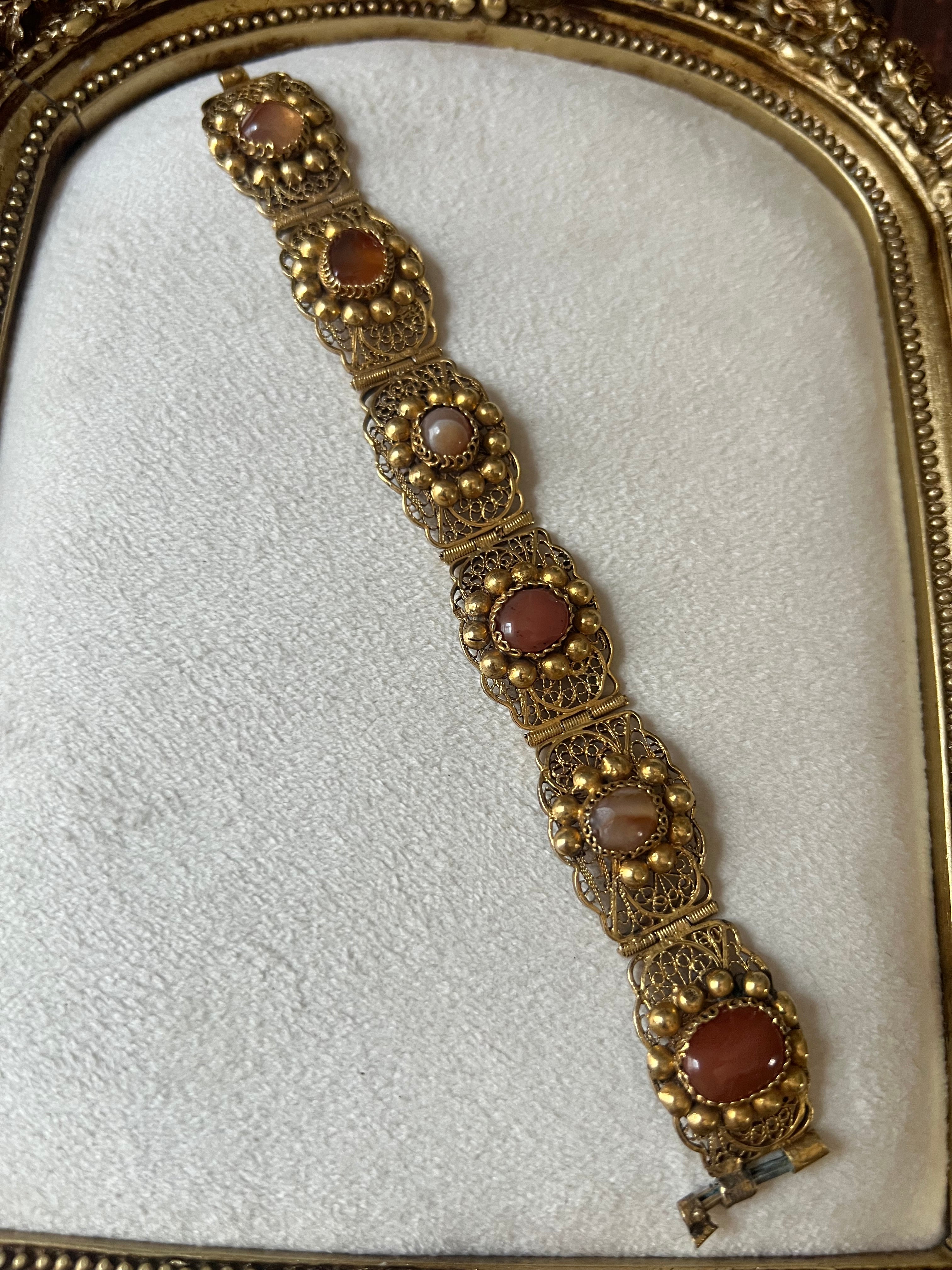 Antique Filigree Bracelet with Carnelian Glass Cabochons