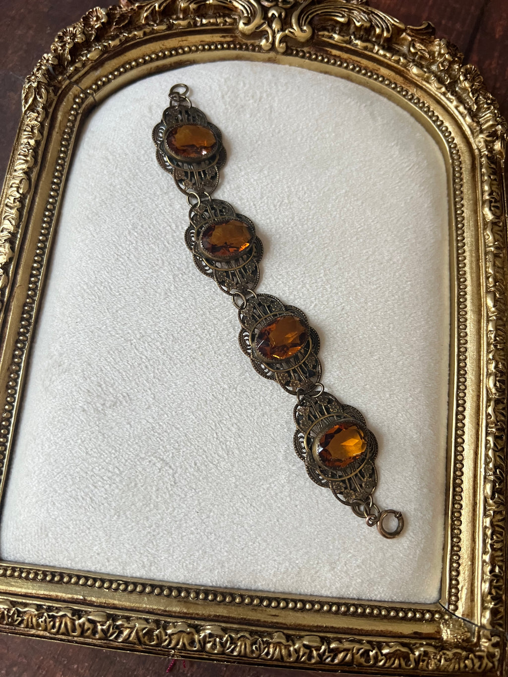 Antique 1930s Czech Amber Glass Filigree Bracelet