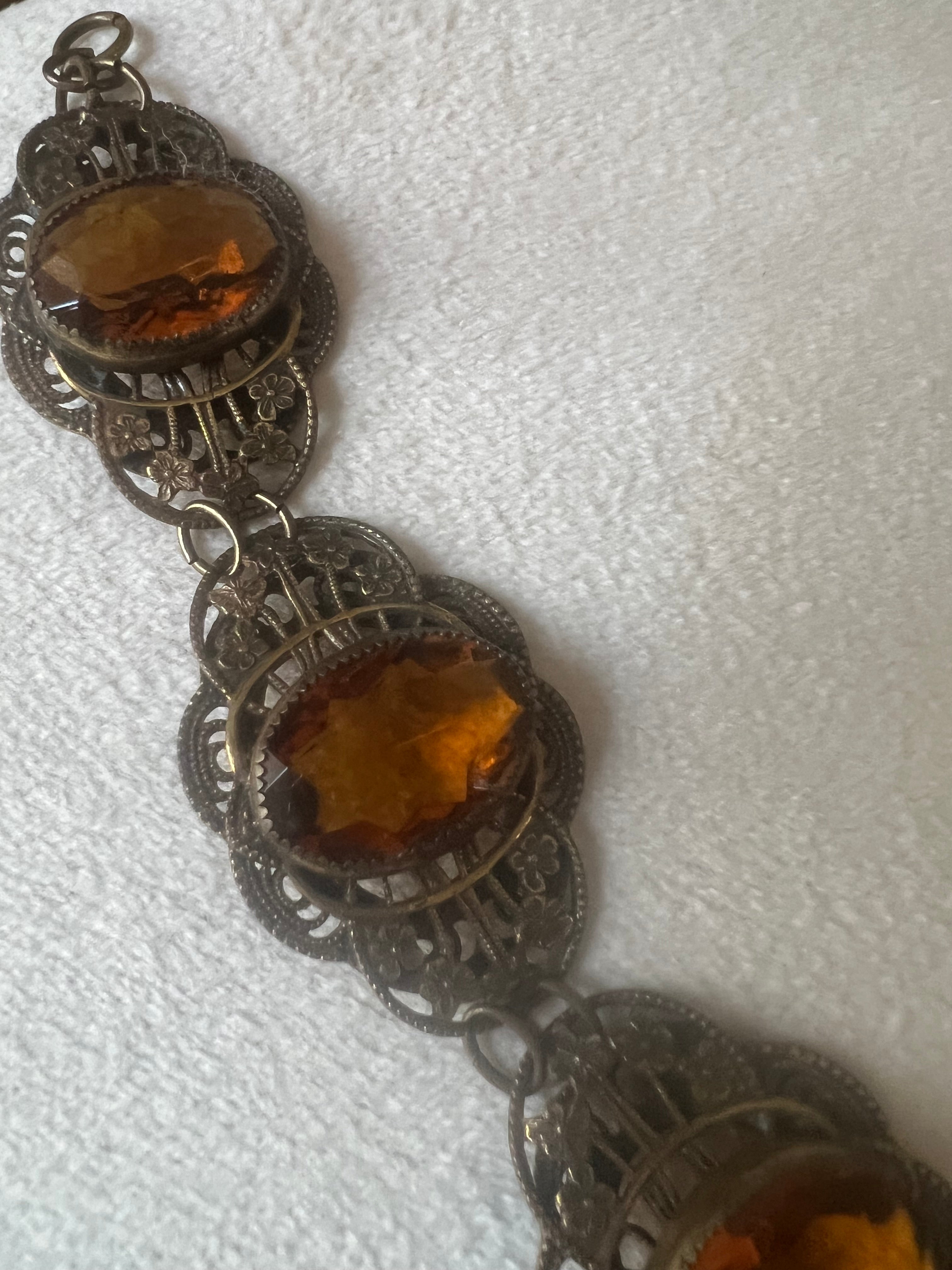 Antique 1930s Czech Amber Glass Filigree Bracelet