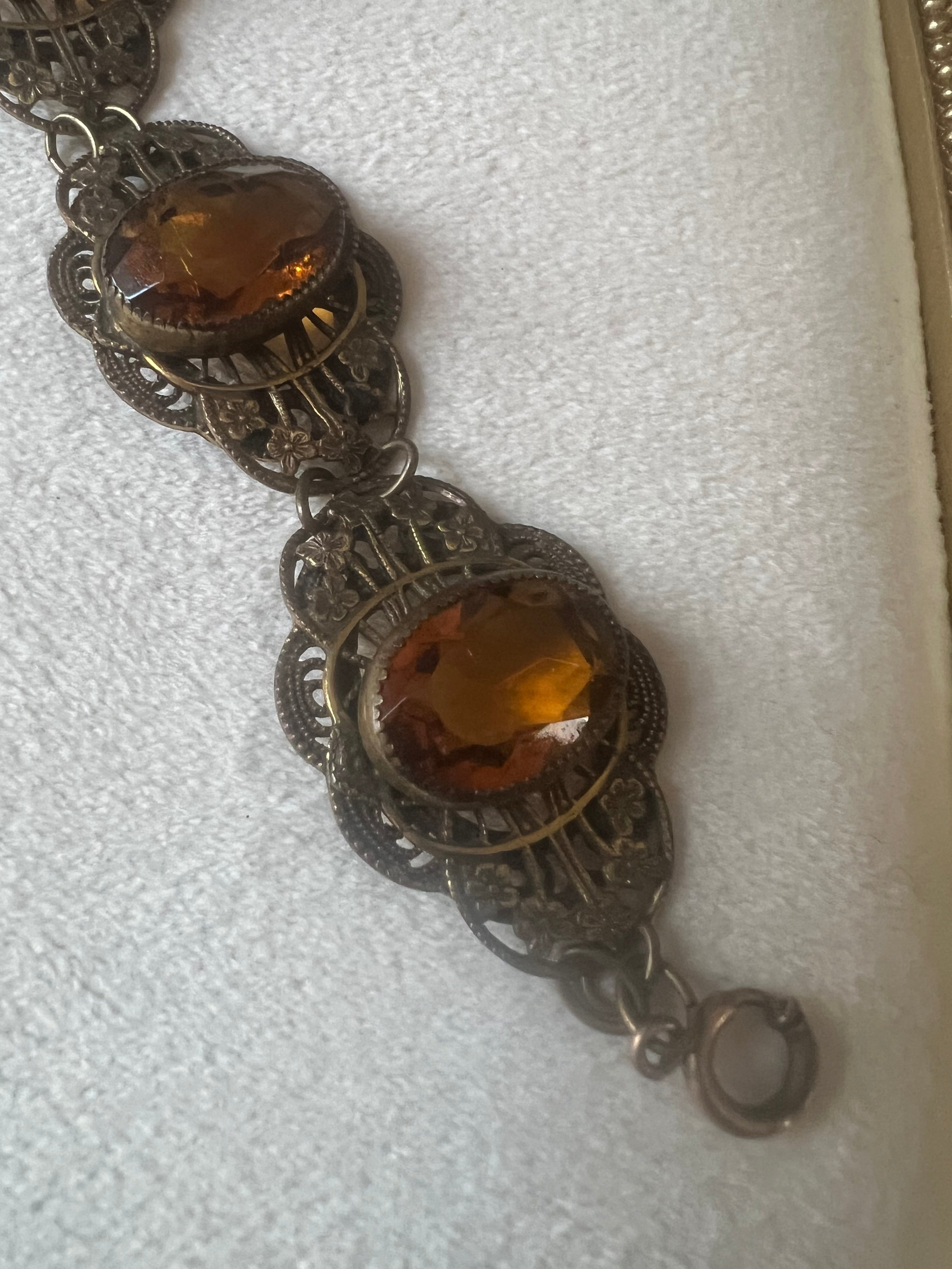 Antique 1930s Czech Amber Glass Filigree Bracelet