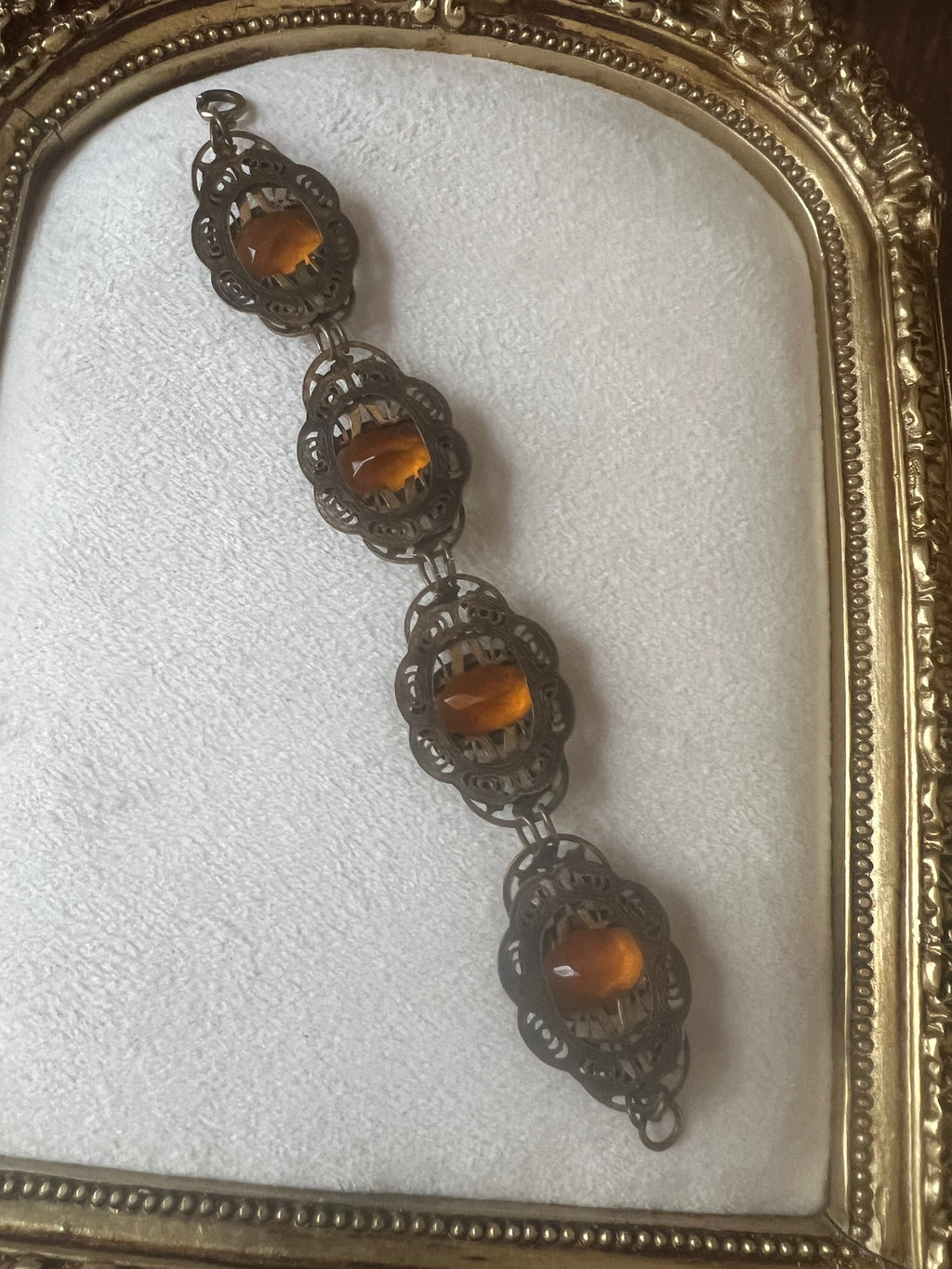 Antique 1930s Czech Amber Glass Filigree Bracelet