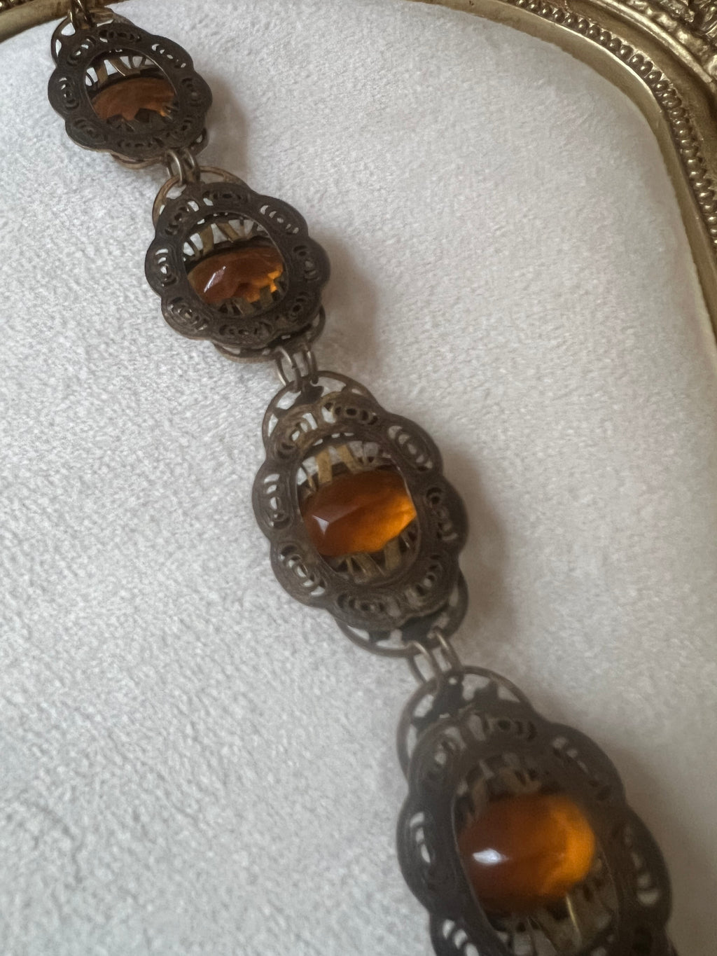 Antique 1930s Czech Amber Glass Filigree Bracelet