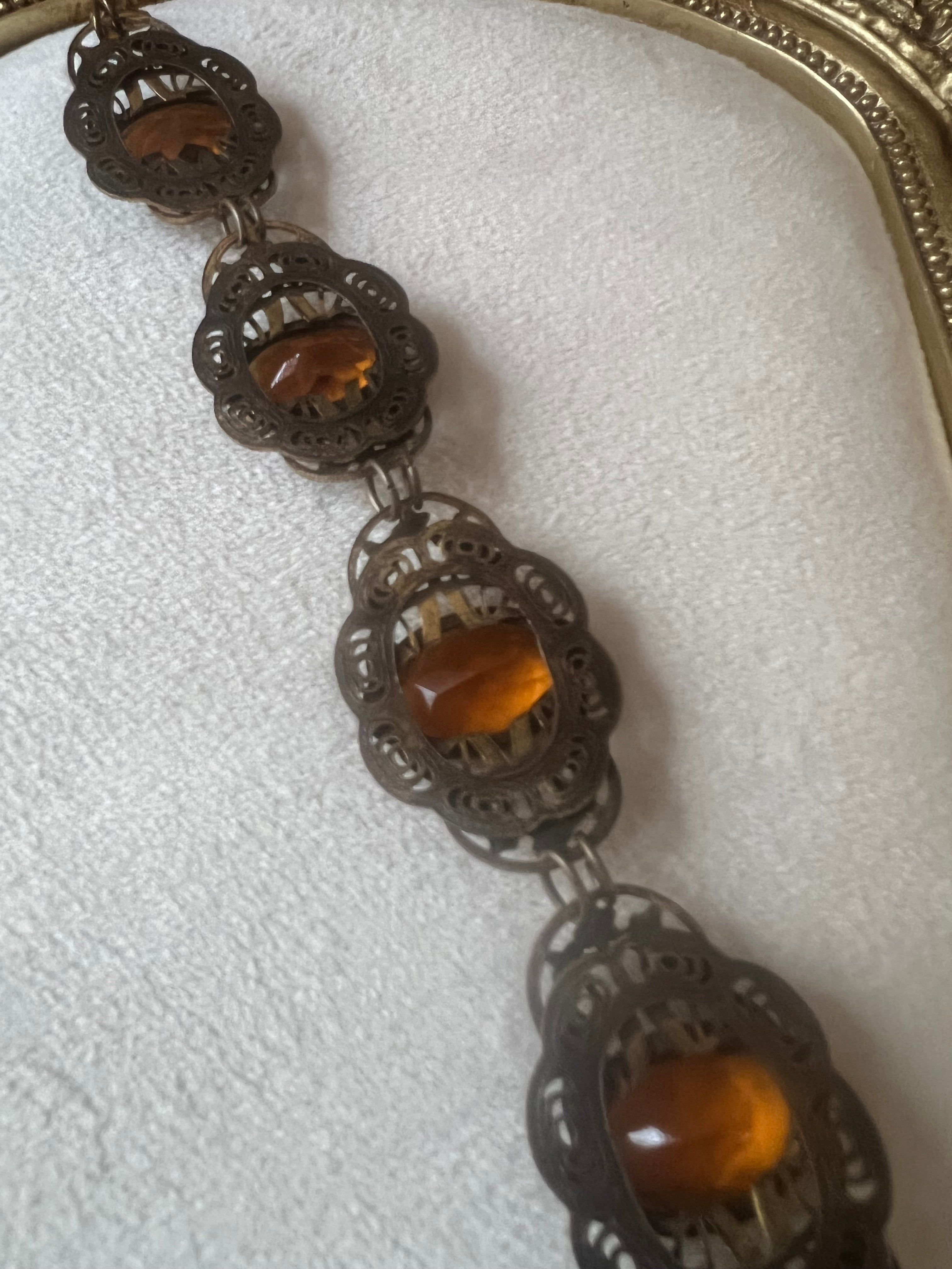 Antique 1930s Czech Amber Glass Filigree Bracelet