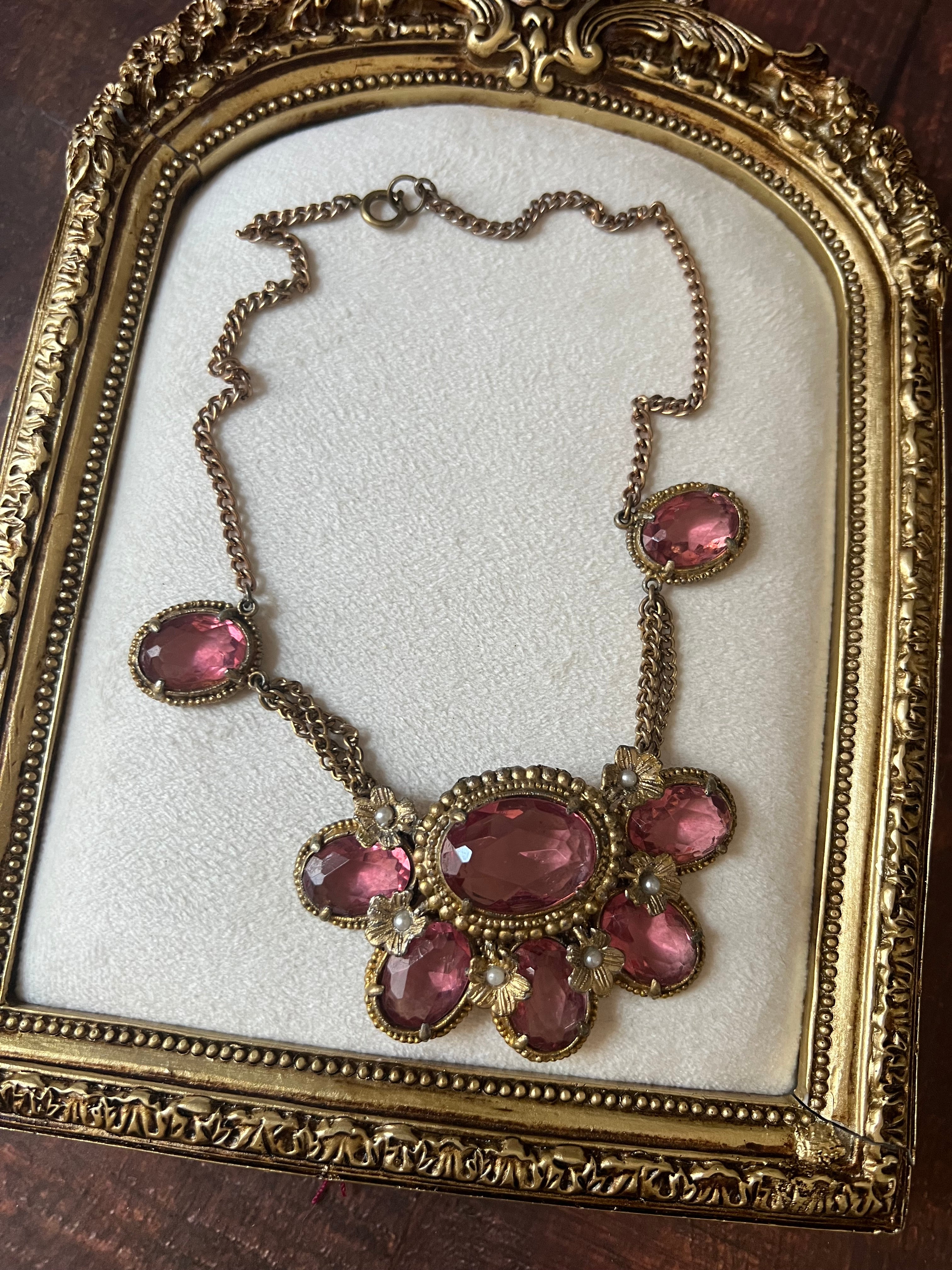 Rare 1910s Czech Pink Glass Statement Necklace