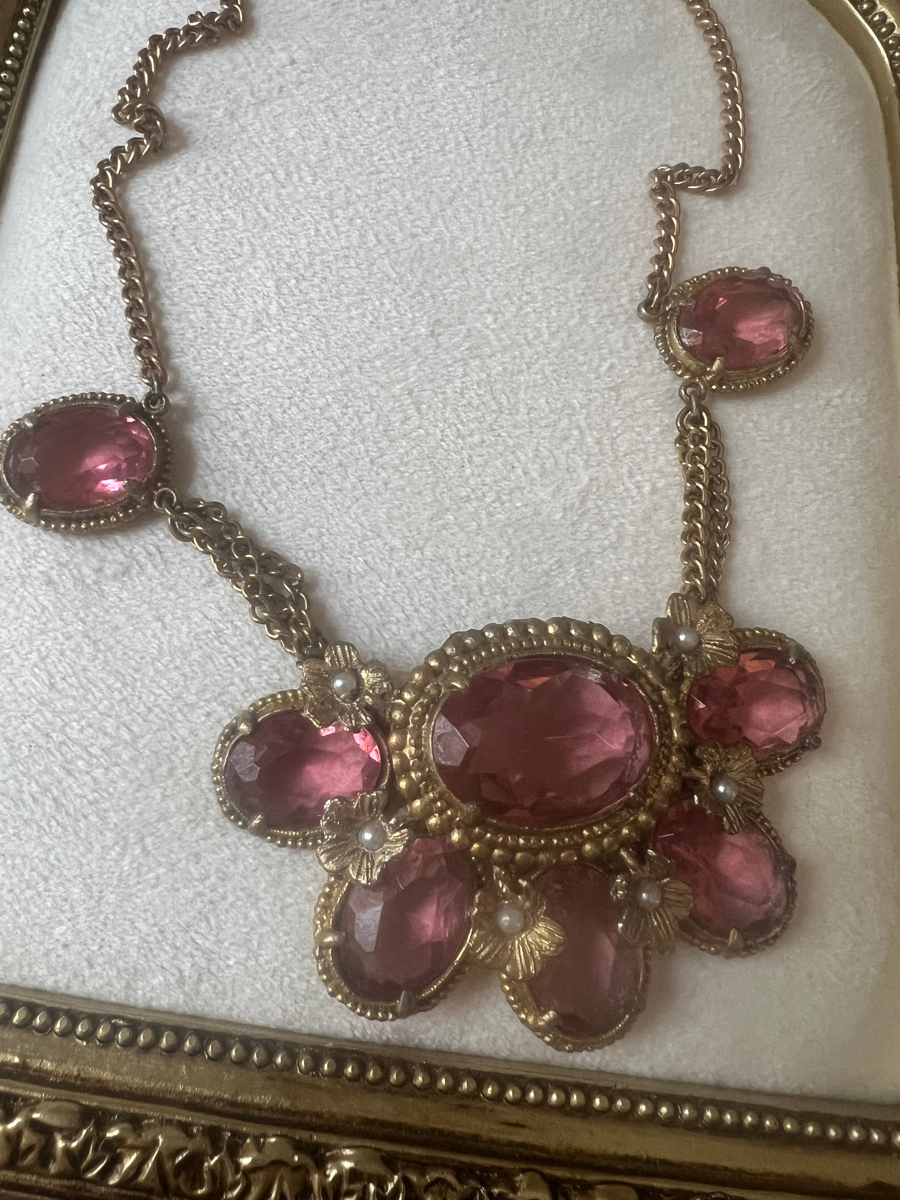 Rare 1910s Czech Pink Glass Statement Necklace