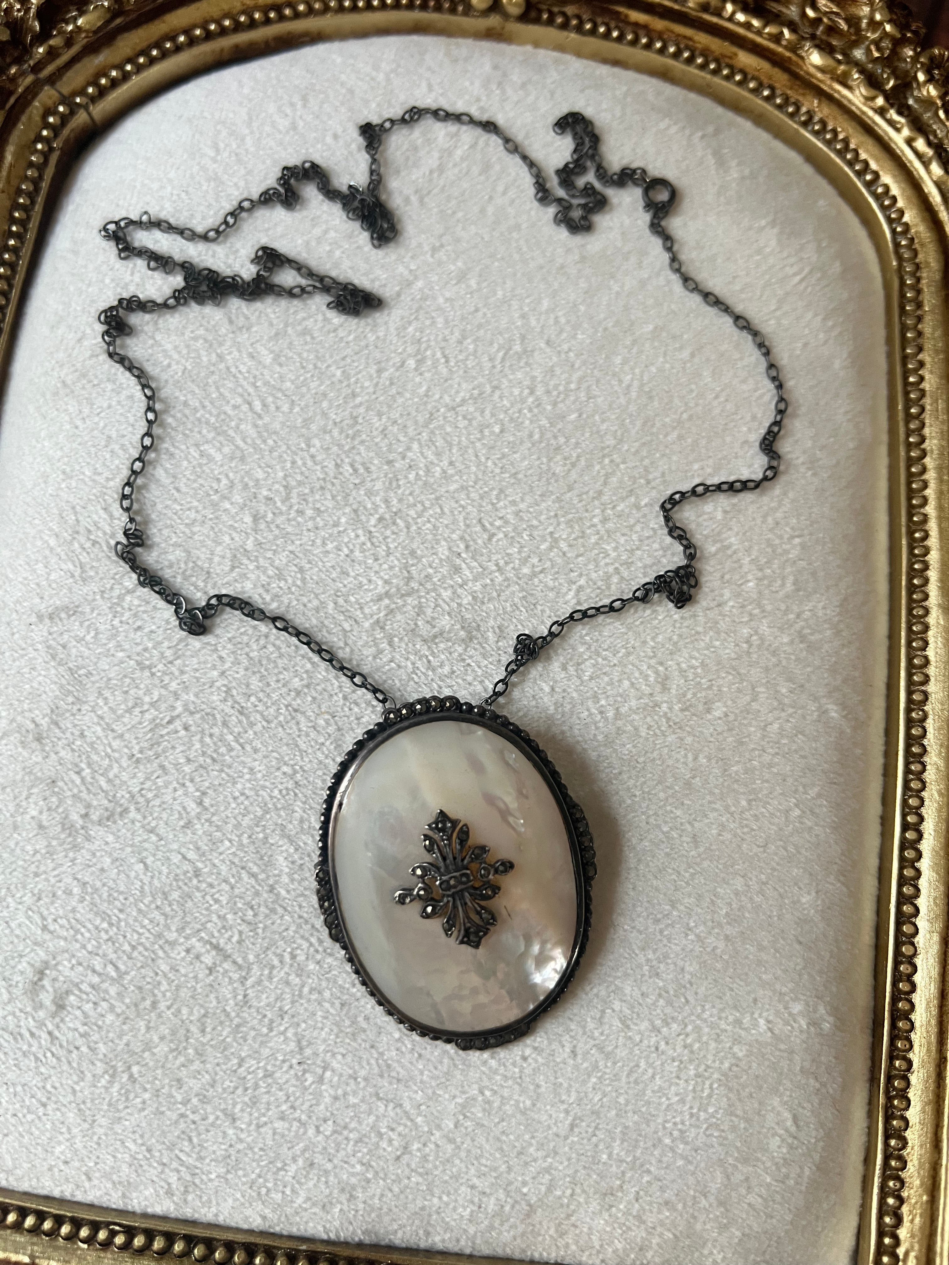 Antique Sterling Silver Mother of Pearl & Marcasite Pendant Necklace