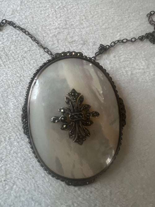 Antique Sterling Silver Mother of Pearl & Marcasite Pendant Necklace