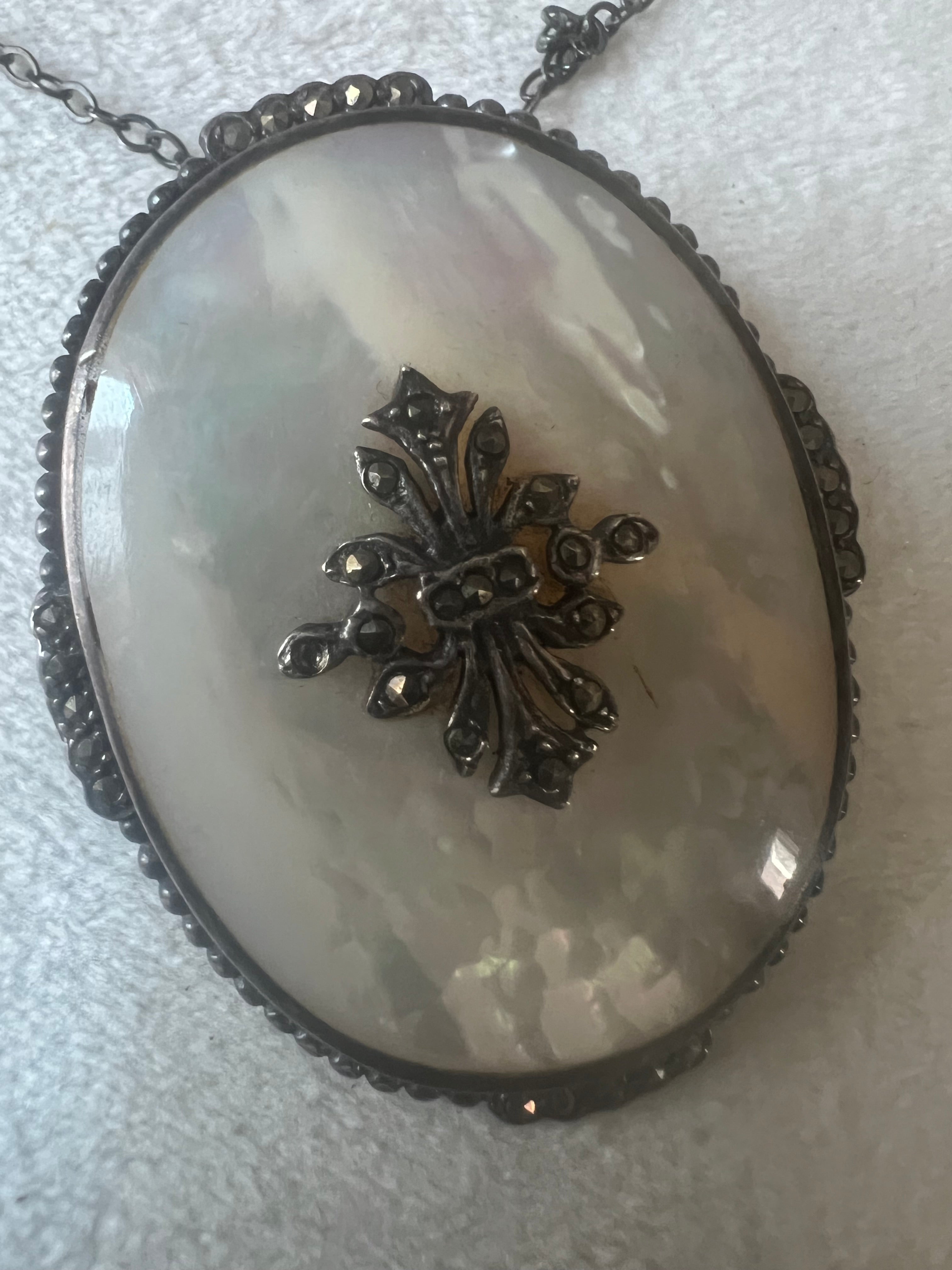 Antique Sterling Silver Mother of Pearl & Marcasite Pendant Necklace