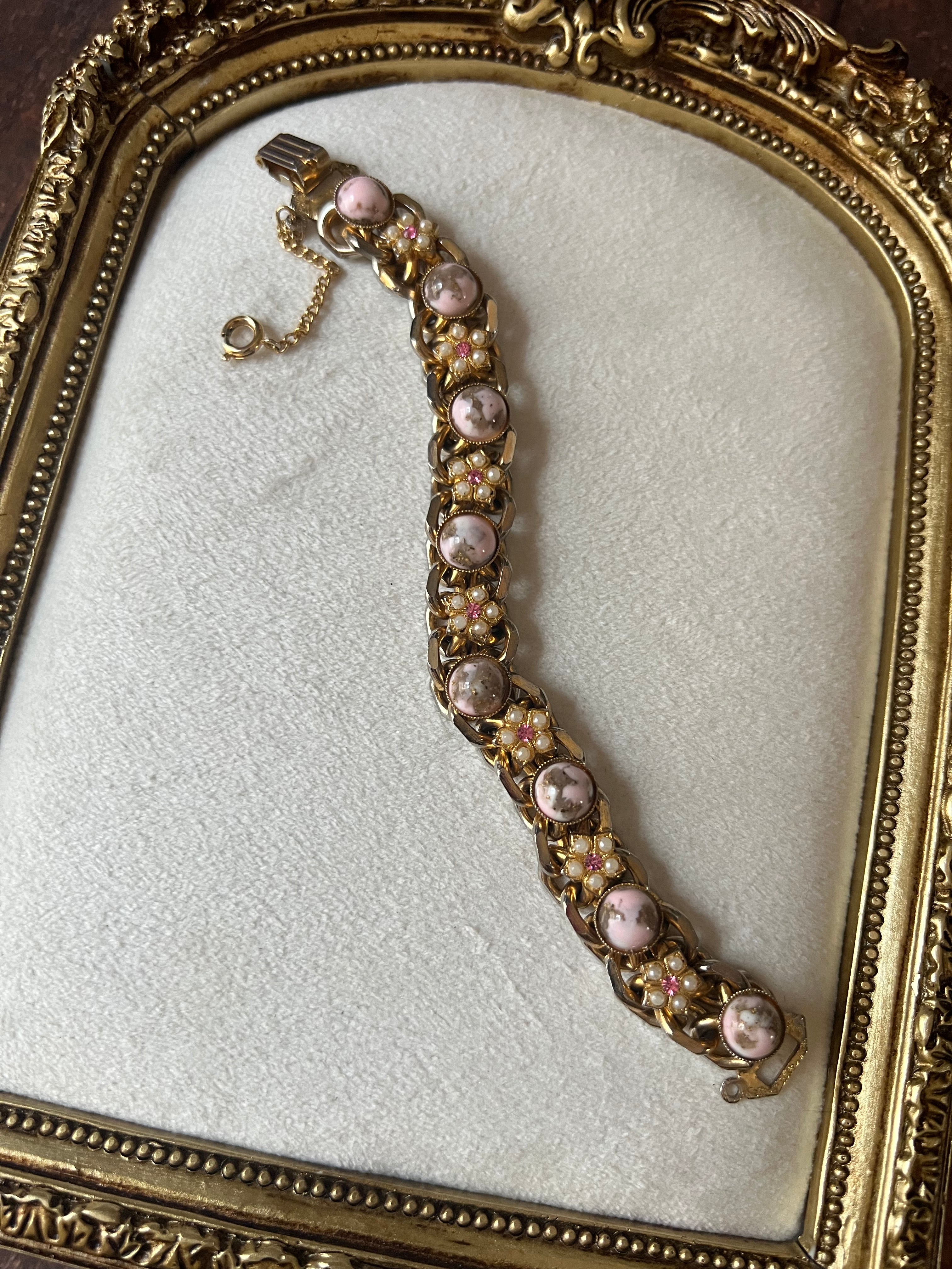 Vintage Pink Cabochon Floral Link Bracelet