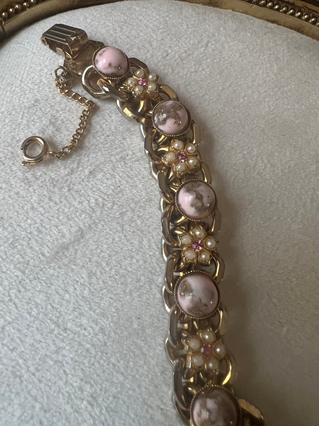 Vintage Pink Cabochon Floral Link Bracelet