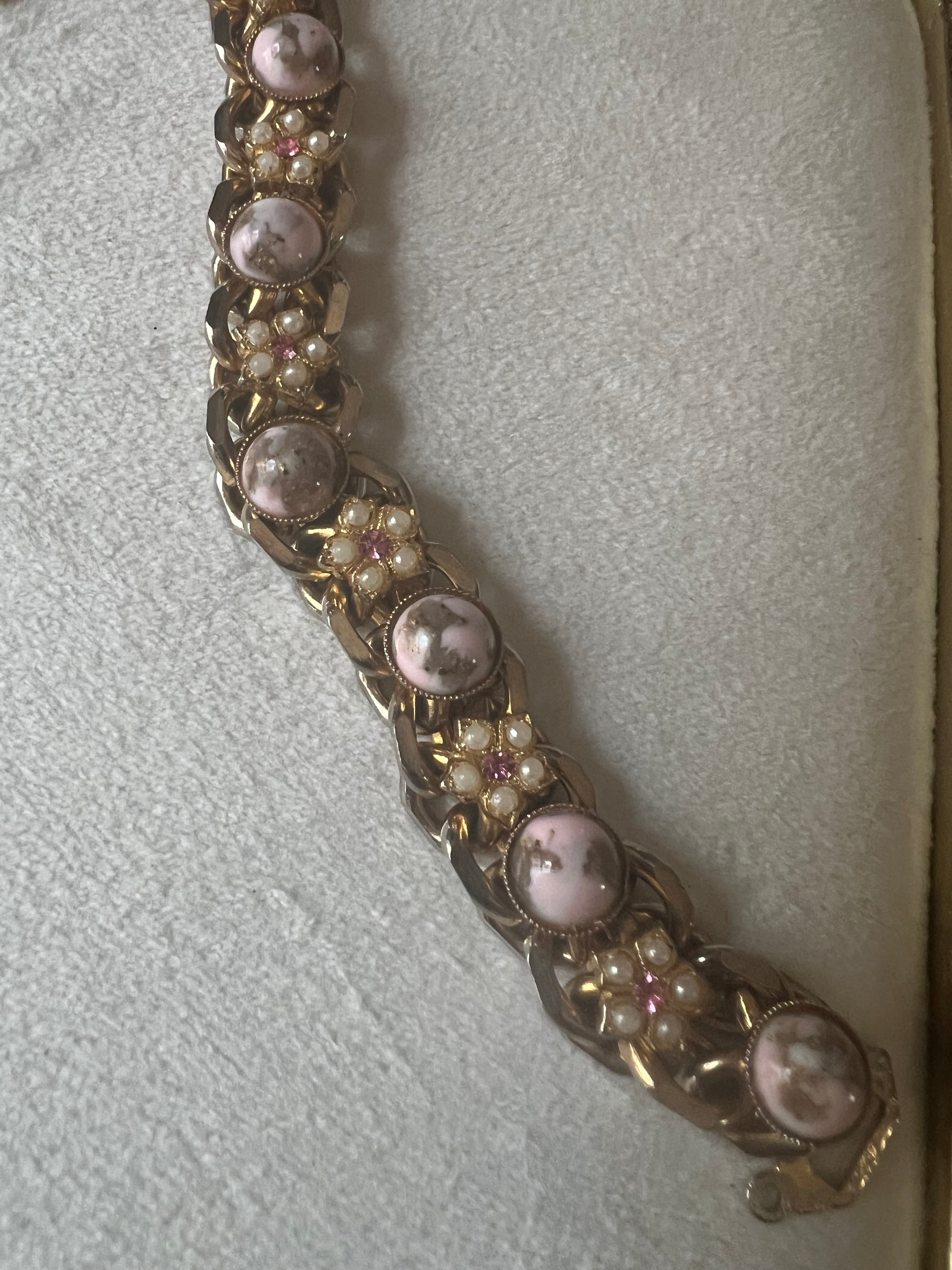 Vintage Pink Cabochon Floral Link Bracelet