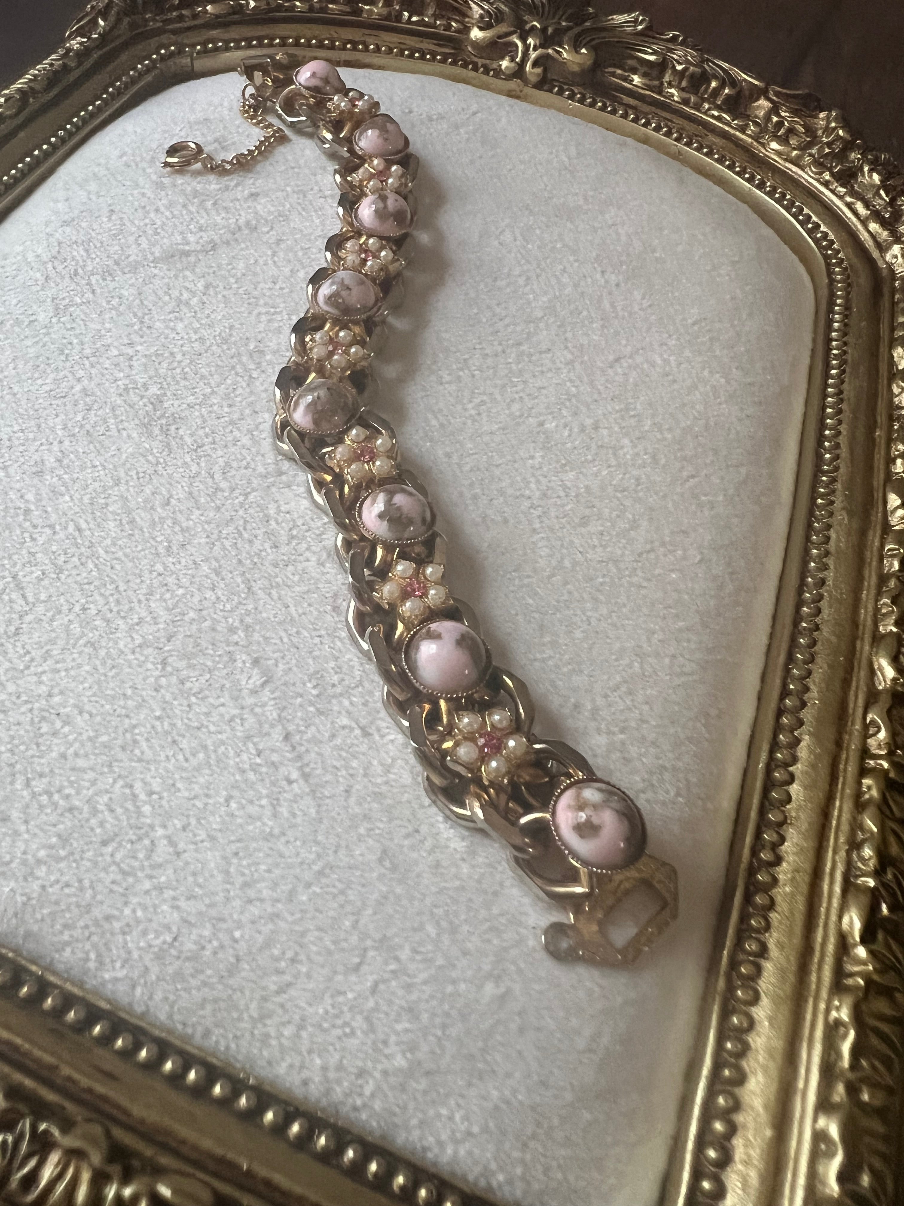 Vintage Pink Cabochon Floral Link Bracelet