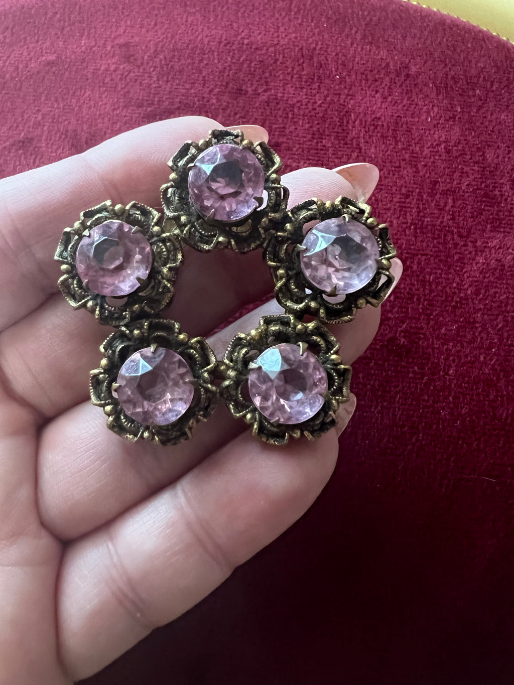Antique Czech Glass Purple Floral Brooch with C-Clasp