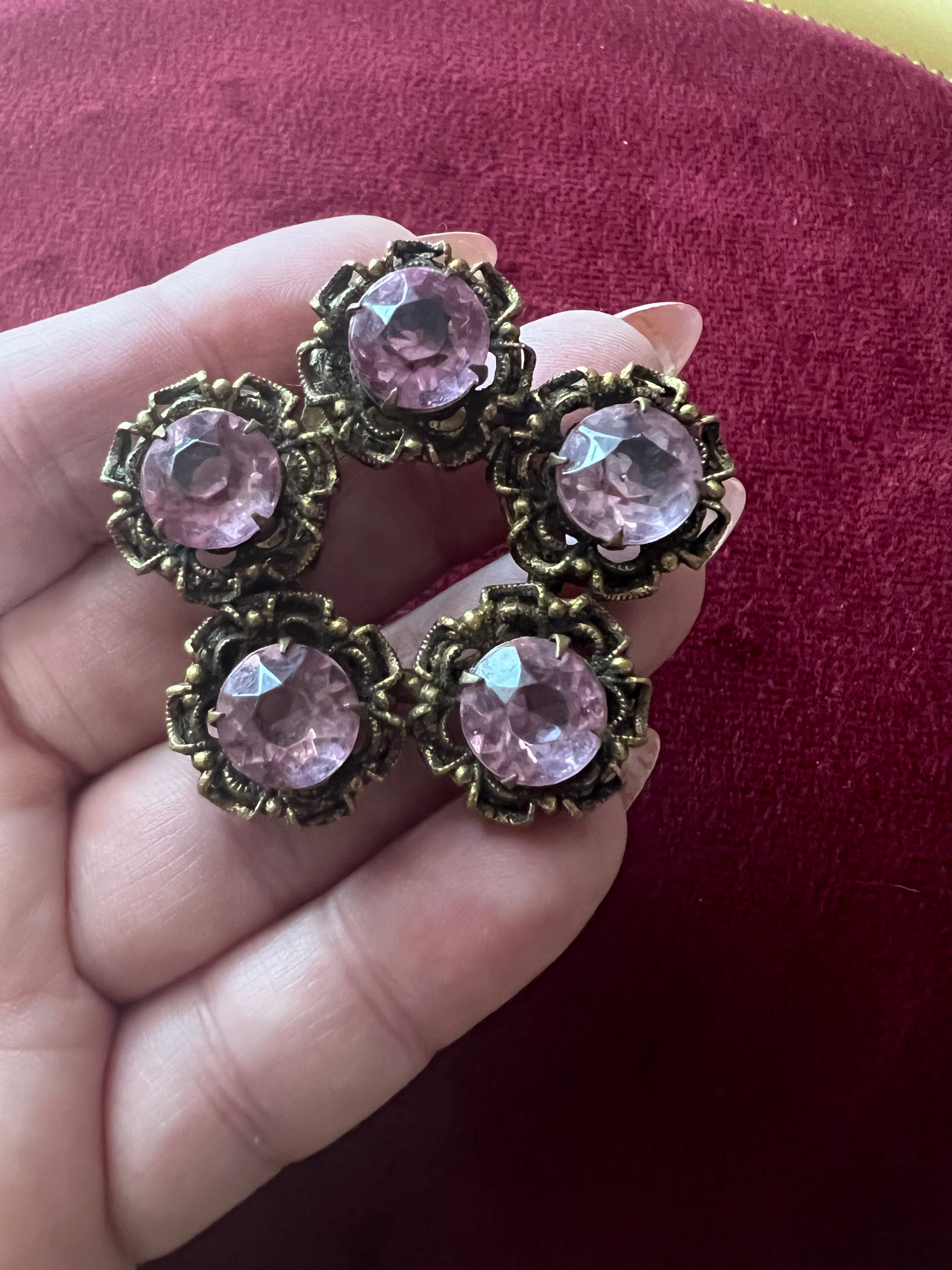 Antique Czech Glass Purple Floral Brooch with C-Clasp